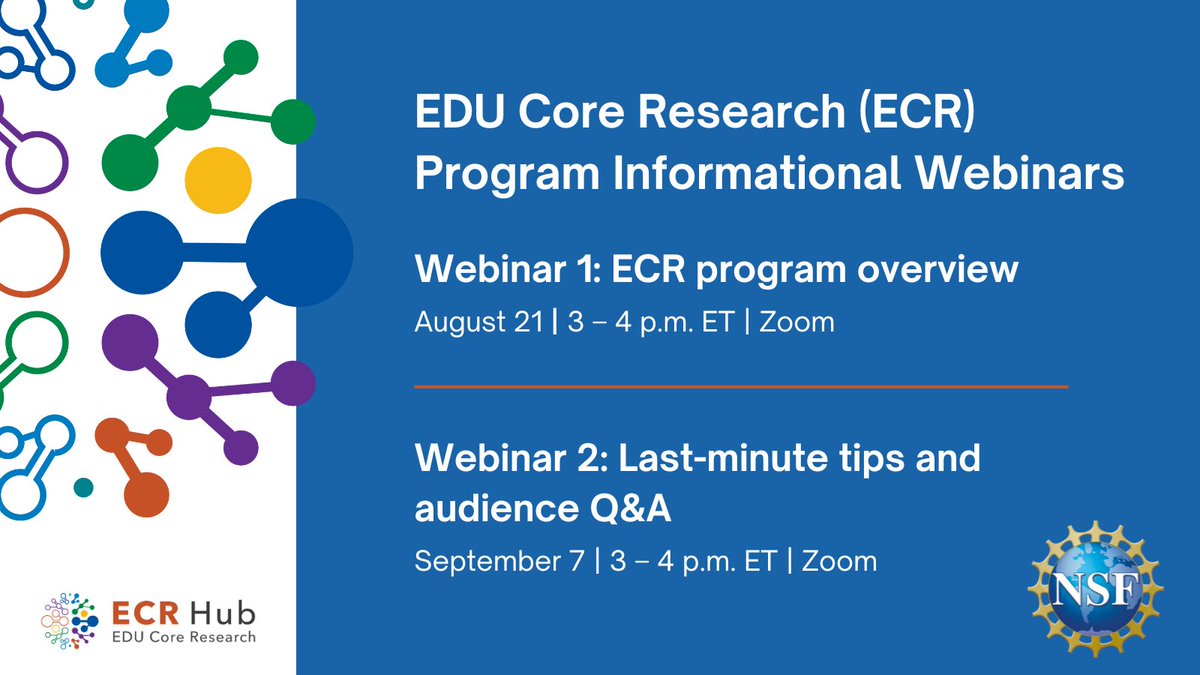 ECRhub's tweet photo. Happening MONDAY! Join @NSF program officers for an interactive webinar about the EDU Core Research (ECR) program. Learn requirements for submitting to ECR and see examples of ECR funded studies. 

Advance registration required: https://t.co/AnkJiZUDII https://t.co/cL9N8UD6tC