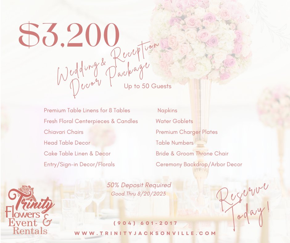 TrinityRentals's tweet photo. Capture Elegance, Seize Savings! Secure your Wedding &amp; Reception decor package today! Book before 8/20/2023 to elevate your celebration with style and sophistication. Contact Us Today at (904)601-2017.  https://t.co/jrf2E0JXD6 #WeddingDecor #FlashSale #BookNow https://t.co/4ZnJ2aQYGX