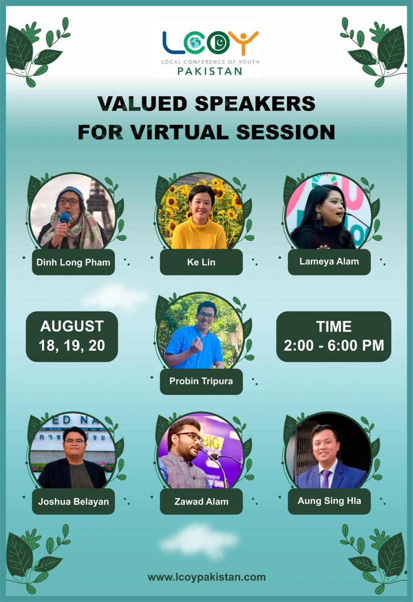 Join our esteemed panel of guest speakers for a series of interactive virtual sessions on August 18, 19, and 20 from 2 pm to 6 pm.

#lcoypakistan #youthempowerment #pakistan #agentsofchange