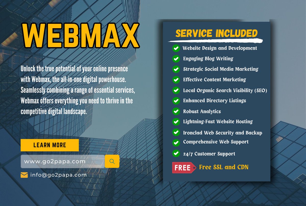 Go2papa's tweet image. 🚀 𝐔𝐧𝐥𝐨𝐜𝐤 𝐘𝐨𝐮𝐫 𝐎𝐧𝐥𝐢𝐧𝐞 𝐒𝐮𝐜𝐜𝐞𝐬𝐬 𝐰𝐢𝐭𝐡 𝐖𝐞𝐛𝐦𝐚𝐱! 🌟

📞 Contact me now to get started, visit me at go2papa.com, or email me at info@go2papa.com for more information. Let&apos;s take your brand to new heights together! 💪

#webmax #onlinesuccess