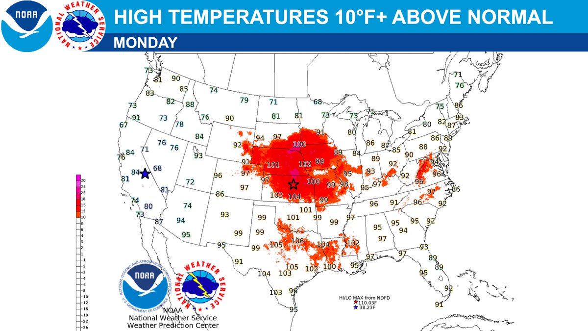 Dangerous and record breaking heat expands across the Plains and portions of the Mississippi Valley into the weekend as more than 85 record high temperatures are forecast to be set today through Monday.

Stay Weather-Ready from the dangers of excessive heat. Learn how to protect