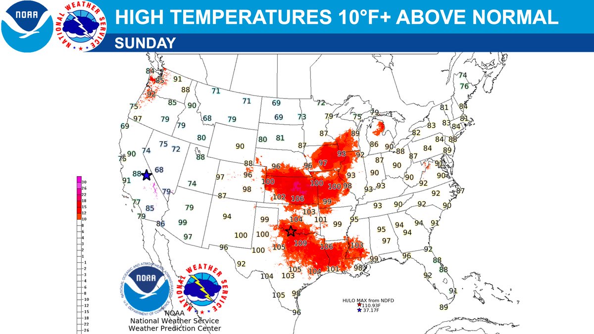 NWS's tweet photo. Dangerous and record breaking heat expands across the Plains and portions of the Mississippi Valley into the weekend as more than 85 record high temperatures are forecast to be set today through Monday.

Stay Weather-Ready from the dangers of excessive heat. Learn how to protect yourself and your loved ones at https://t.co/IPBxC6DrZl #HeatSafety