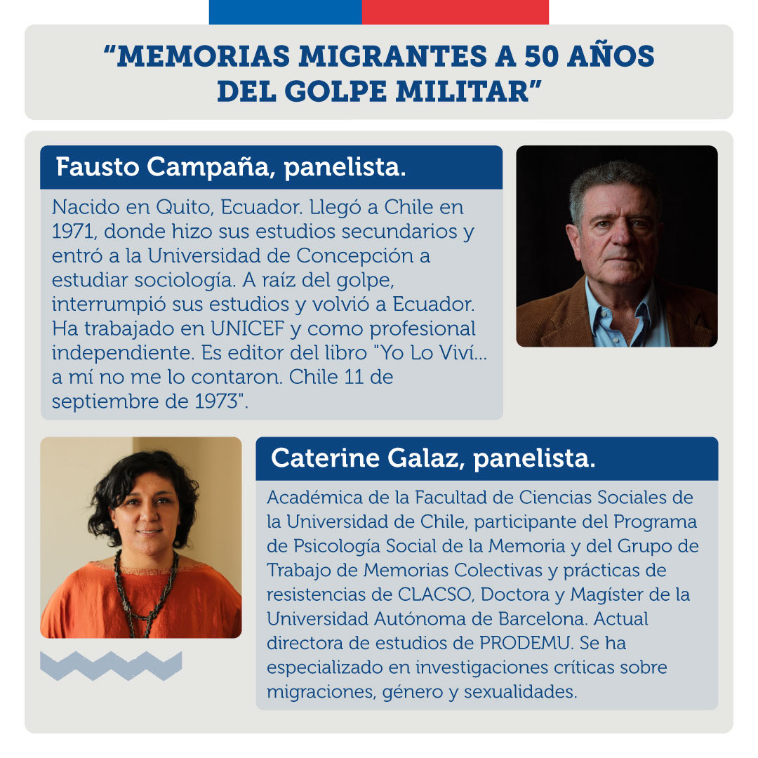 MigracionesCL's tweet photo. 🇨🇱 Este año se cumplen 50 años del Golpe Militar.
⚖️ El SERMIG y el @OPCND_Segegob los invitamos este lunes 21 de agosto al conversatorio “Memorias migrantes a 50 años del Golpe Militar en Chile”.
📍 La actividad es presencial, mediante inscripción: https://t.co/4xPIhqMQn6 https://t.co/bBgE40BLiy