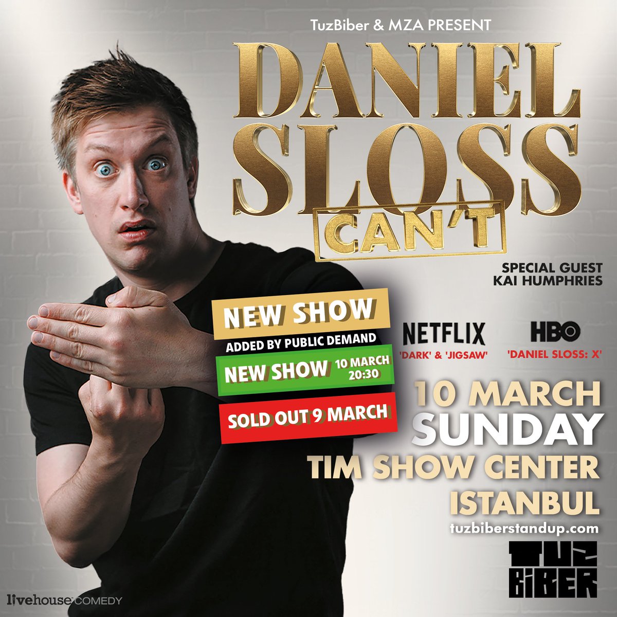 1 kişilik davetiye + Daniel Sloss'ın kulisinde kendisiyle tanışma fırsatı için RT + TAKİP! 

Dünyaca ünlü komedyen Daniel Sloss, yoğun ilgi üzerine ek şov ile 10 Mart 20:30’da İstanbul Tim Show Center’da! 
 🎤Açılış komedyeni: KAI HUMPHRIES. 
 ︎🕚︎Kapı açılış: 19:00