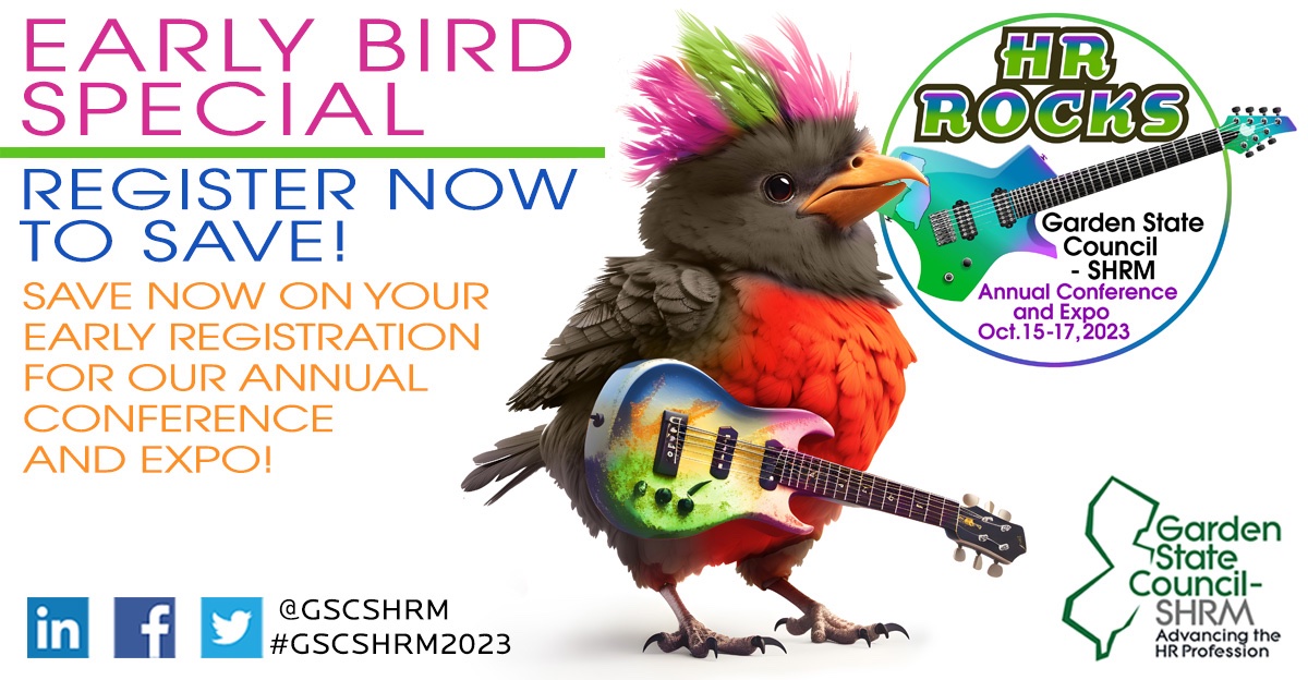 GSCSHRM's tweet photo. Rockin' Robin tweets: An early bird discount now thru Labor Day! Register &amp; pay by Sept 7th to receive an extra $25 off. Visit the conference site for details &amp; what's in store for you!
Register: https://t.co/0WoNAfNMhb
#gscshrm2023 #HumanResources #NJ #DoAC #shrm #expo #HRRocks https://t.co/BEHNSIegJW