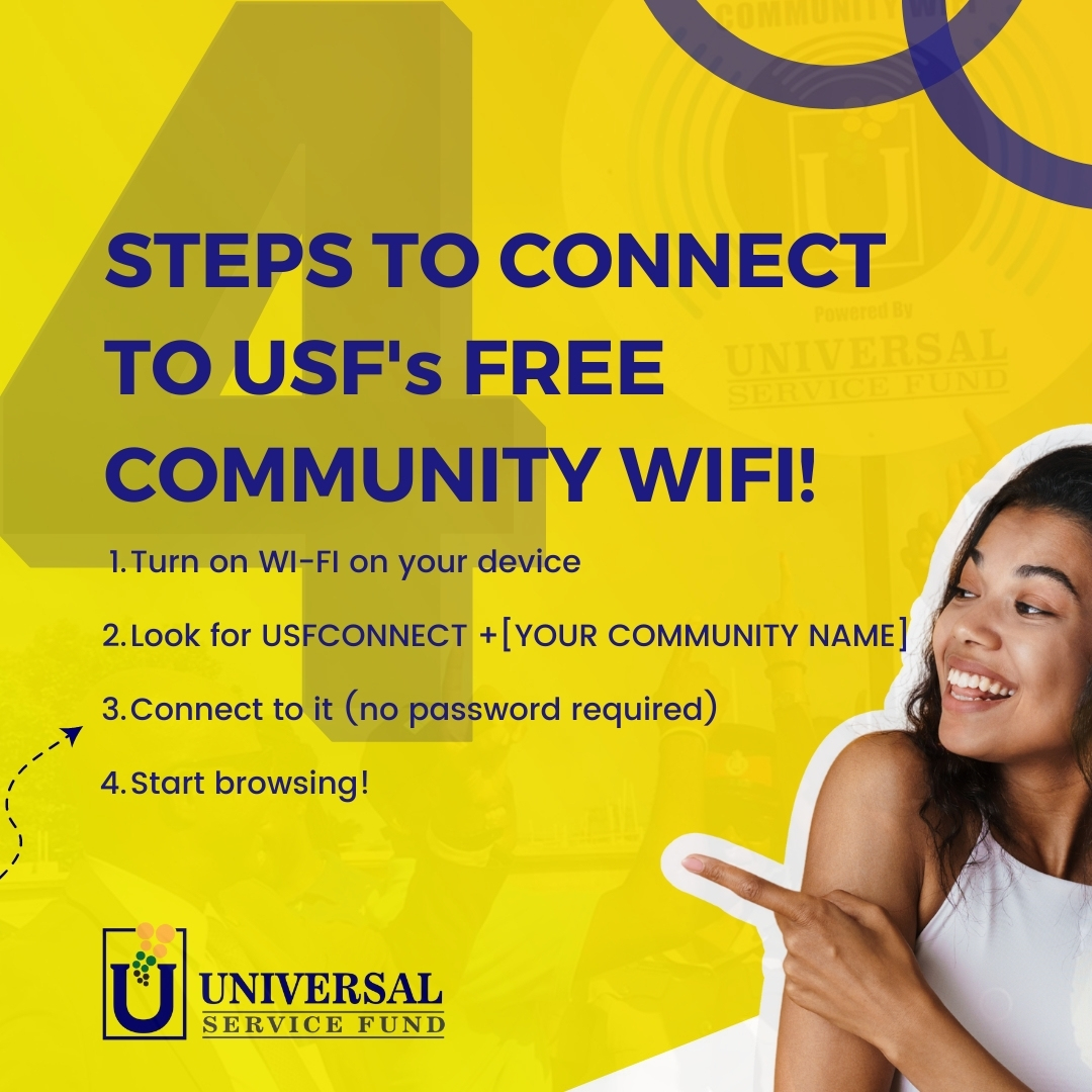 Connect and stay connected with USF's FREE Community Wi-Fi! Check out these four (4) easy steps on how to connect! Share with a friend. #UniversalServiceFund #USFJamaica #FreeWifi #InternetAccessForAll