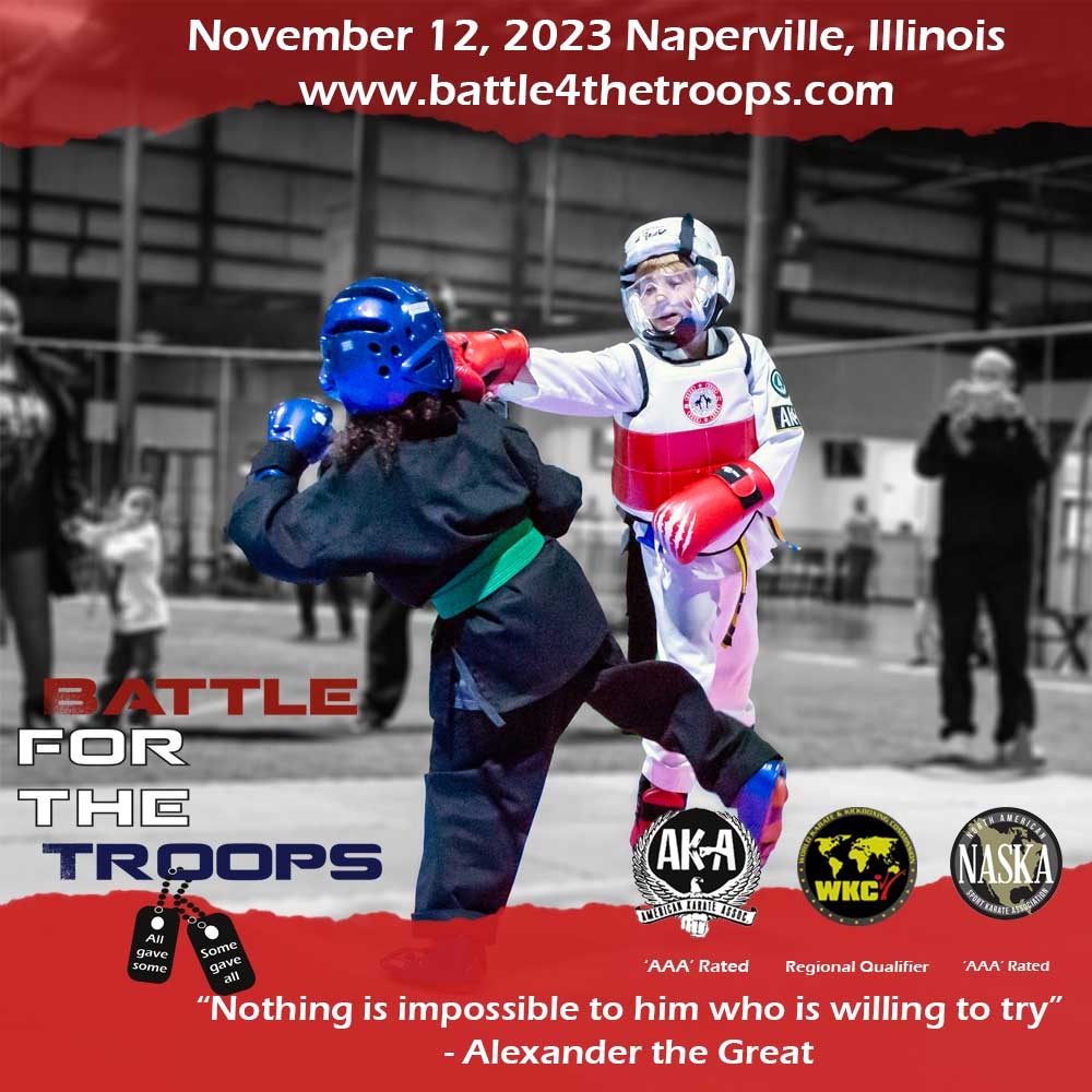 Come join us for some great competition and help raise money for the Wounded Warrior Family Support organization (wwfs.org).
#Sportmartialarts #Sportkarate #AKA #AmericanKarateAssociation #Naperville #AuroraIL #Healthykids #Antibullying #karate #dogtagus #wwfs
