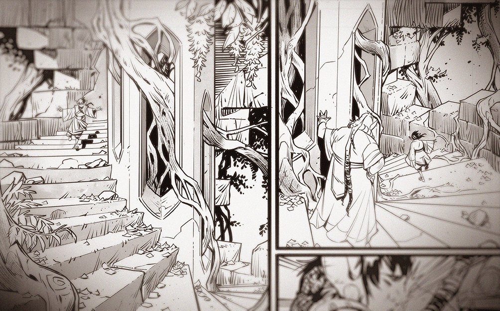 A schneeky peek at some recent inks for The Hunger And The Dusk. Probably one of my most favourite pages I've ever drawn. I love me some ruins & roots.