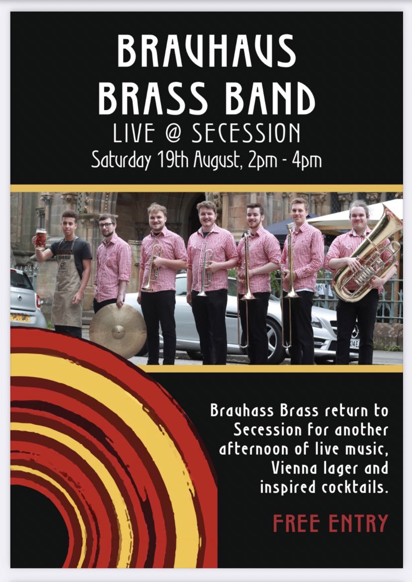 📣 Free this Saturday 19/8 afternoon: Brauhaus Brass live <a href="/Secessionbar/">Secession</a> 

On the menu:
🎺 live music 2-4pm 🎶 
🍺 Vienna lager 🍻 
🍹 Inspired cocktails🍸 

😀 Tag a friend you’d like to come along with, see you there! 🤩

#livemusicglasgow #glasgowsaturdays #glasgowbeer #oompah