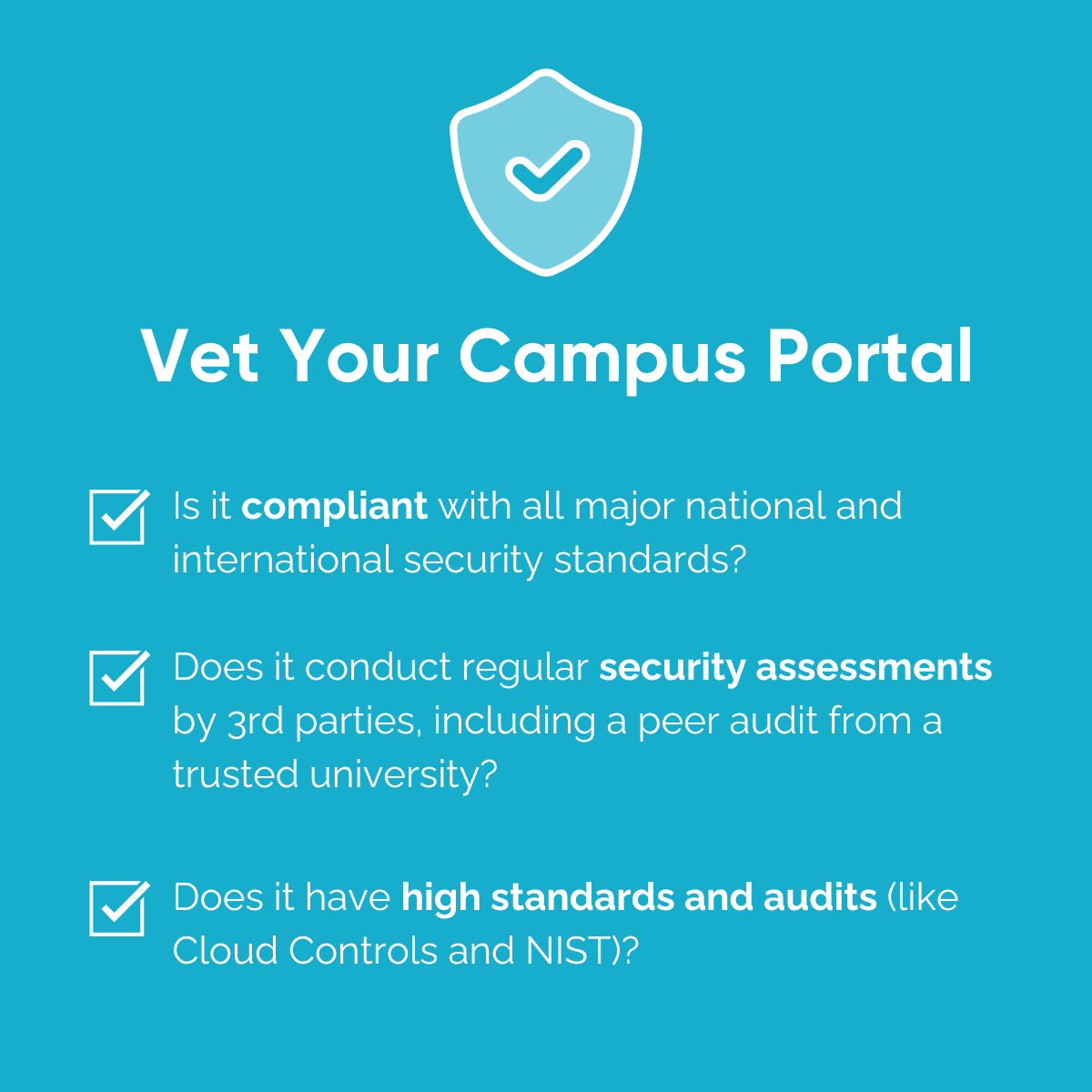rsmart's tweet photo. Is your portal compliant with major security standards?
Does it conduct regular security assessments?
Does it have high standards and audits?
If you answered "No" to any of these, you may need OneCampus. Learn more: https://t.co/a5oPM9J44r
#studentportal #onecampus #campusportal https://t.co/9Ww2btbCfY