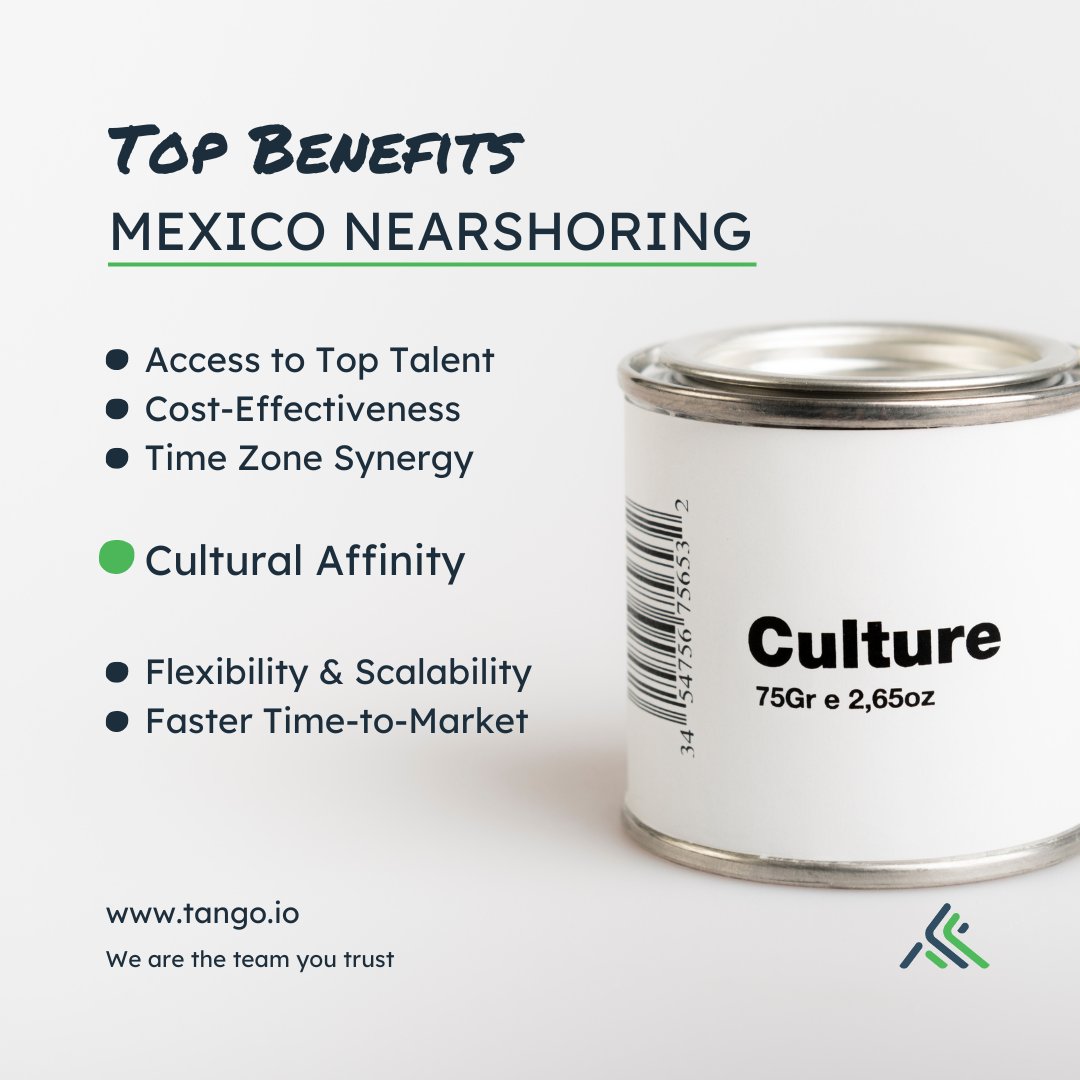 One of the top benefits of Nearshore services is "Cultural Affinity"?

Mexico's cultural similarities with our home country foster a strong sense of camaraderie and understanding among our teams.

#Nearshoring #StaffAugmentation