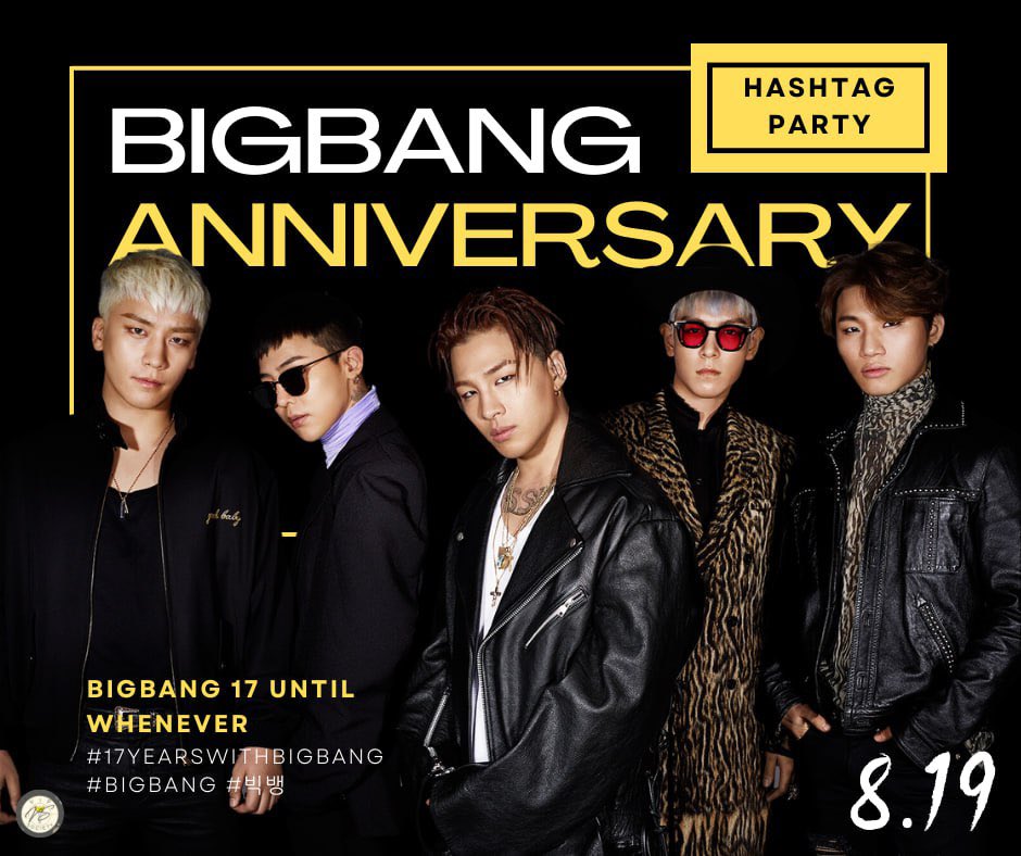 [ VS : ANNIVERSARY HASHTAG 💛 ] VIPs 📣📣📣📣📣 ITS THE 17th DEBUT ANNIVERSARY OF OUR FOREVER LOVE 💛🎂🍨🧁🍦🎊🎉👑 LET US CELEBRATE THIS SPECIAL DAY OF THE KPOP EMPERORS 🎉👑 DROP THE HASHTAG FOR THE PARTY 🎉⬇️ BIGBANG 17 UNTIL WHENEVER #17YEARSWITHBIGBANG #BIGBANG #빅뱅…