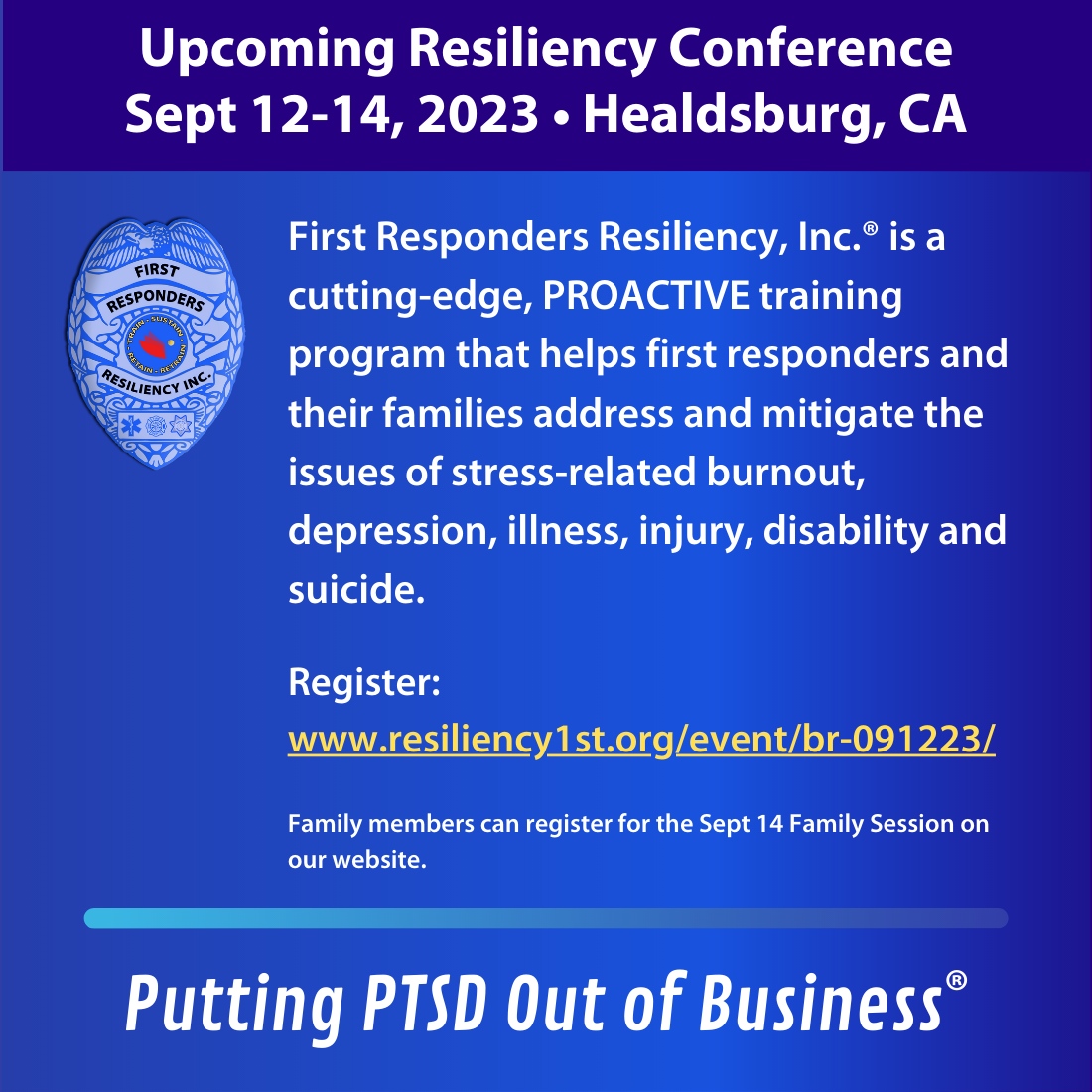 Our September 3-day Conference registration is now open and tickets are selling quickly! Register via the link below to hold your spot:

resiliency1st.org/event/br-09122…

#puttingPTSDoutofbusiness #resiliencytraining #ptsdsupport #ptsd #ptsdawareness #mentalhealthmatters