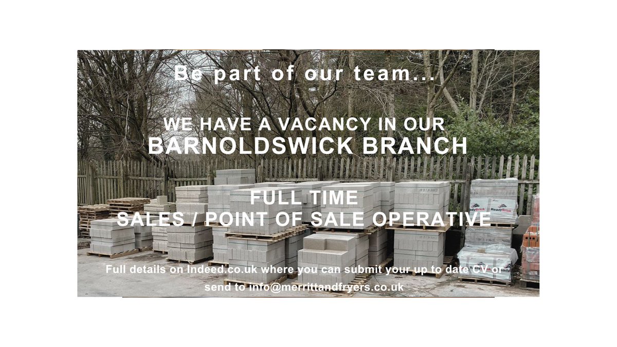 We have a vacancy in our Barnoldswick branch for a Full Time Sales / Point of Sale Operative. Full details on Indeed where you can submit your CV #merrittandfryers #buildersmerchants #barnoldswick #careeropportunity #jobopening #buildingindustry