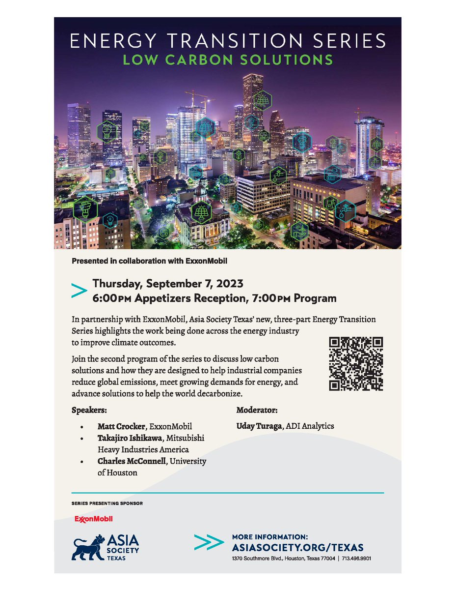 Uday Turaga, CEO of ADI Chemical Market Resource, will be moderating this presentation on #LowCarbonSolutions, presented by #AsiaSociety. #MattCrocker of #ExxonMobil, #TakajiroIshikawa of #MitsubishiHeavyIndustries, and #CharlesMcConnell of #UH will be speaking.