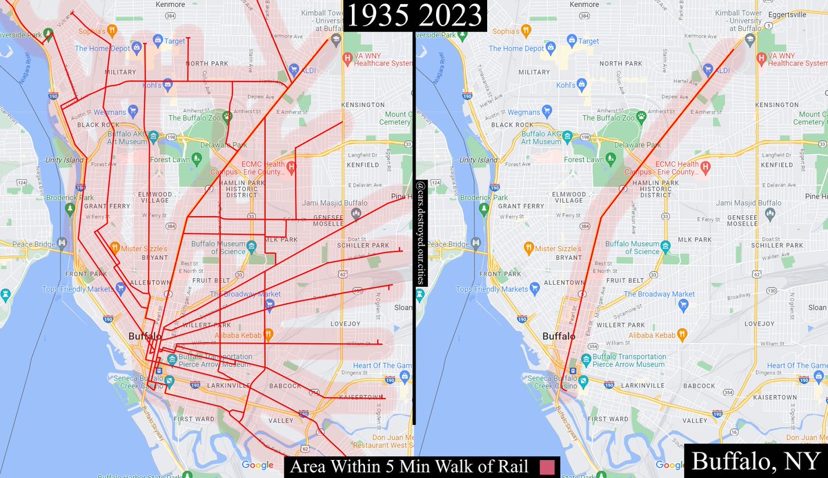CarsRuinedCity's tweet image. Maps of Buffalo’s light rail/streetcar network. (1935 vs 2023)