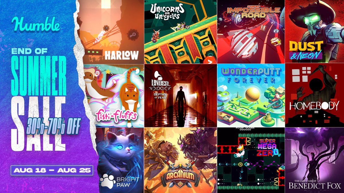 Summer may be ending but there are still great games to play! ☀️ Kick back for chill vibes with #WonderputtForever or take down the robot uprising in #DustAndNeon. These games and more are on #sale on <a href="/humble/">Humble Bundle</a> today through August 25th! #indiegames