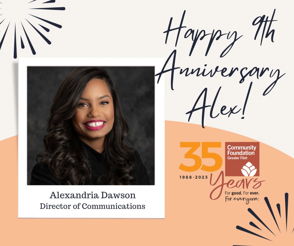 giveflint's tweet photo. Join us in wishing Alexandria Dawson, Director of Communications, a happy 9th anniversary at CFGF!! 🎉🎉 https://t.co/uuOwiaToch