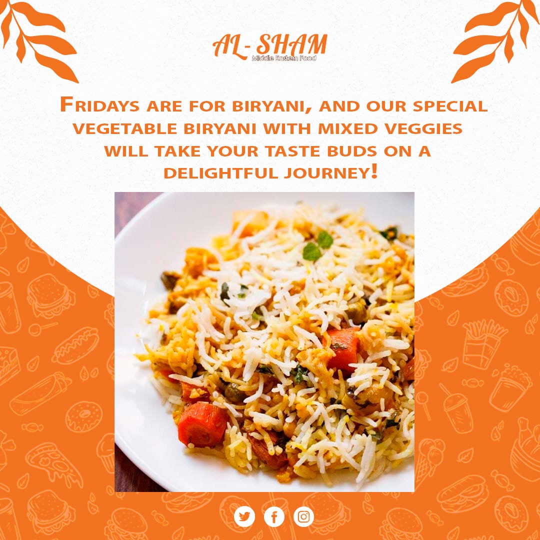 Fridays are for biryani, and our special vegetable biryani with mixed veggies will take your taste buds on a delightful journey!

Visit now: alshamrestaurant.com
#Alsham #Restaurant #food #Philadelphia #VegetableBiryani #favorite #mixedveggies #tastebuds #fridayspecial