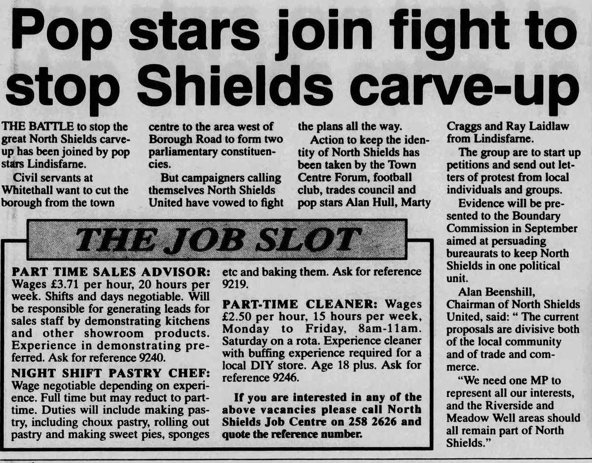 #NorthShields Article in the North Tyneside Herald & Post of 18th August 1993. Lindisfarne members supporting the opposition to a constituency carve up. In the event it didn't go ahead and North Shields in full remains within the Tynemouth political seat. @rod_clements