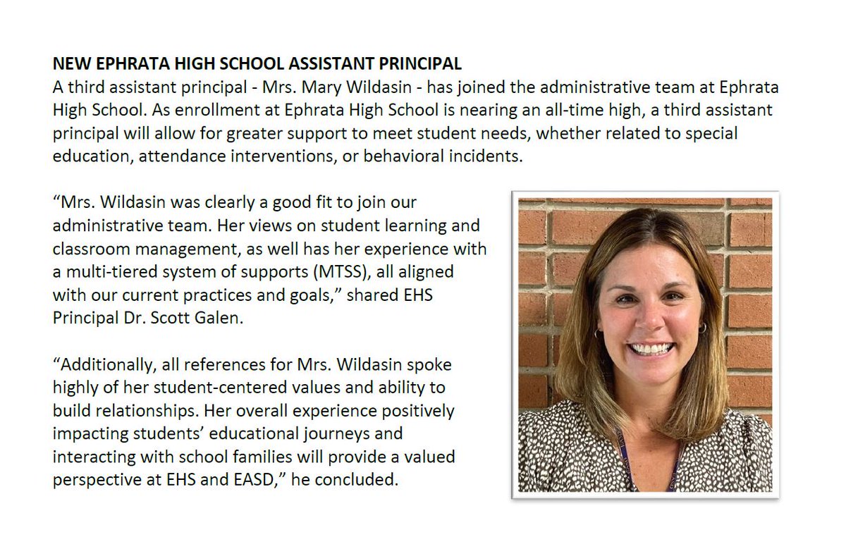 We are proud to welcome Mrs. Mary Wildasin as a new, third assistant principal at @GoEHSMounts! Learn more about Mrs. Wildasin in The Ephrata Review next week! #MountsPride