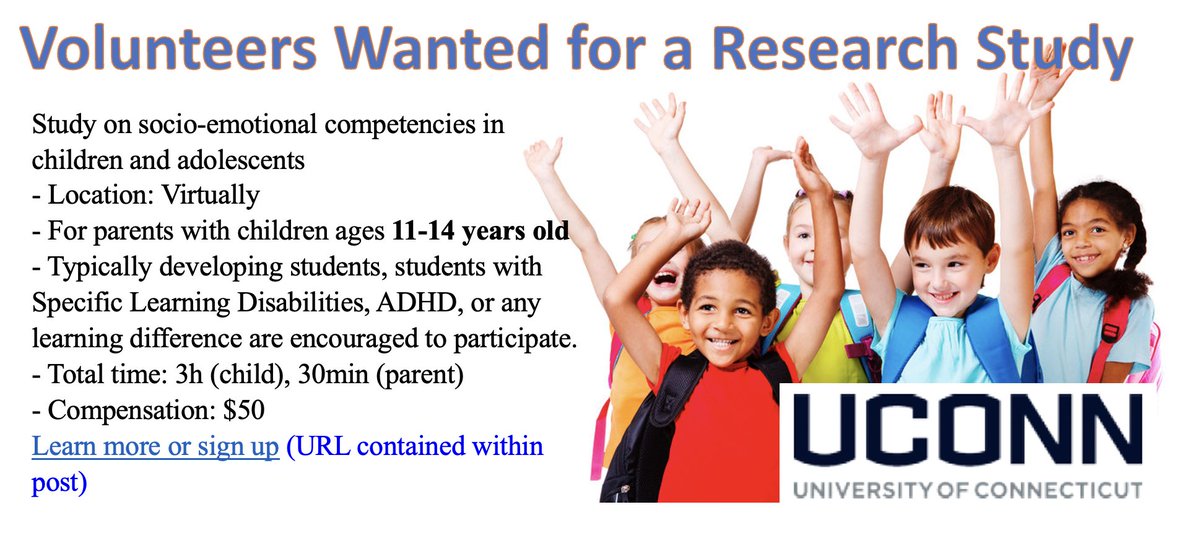 Decoding Dyslexia CT (@ddyslexiact) on Twitter photo CHILDREN 11-14 YRS OF AGE - VOLUNTEERS NEEDED. Research on socio-emotional competencies in children and adolescents. Participation questions can be directed to caroline.greiner@uconn.edu
MORE INFO HERE:
drive.google.com/file/d/1JCw1f7… CHILDREN 11-14 YRS OF AGE - VOLUNTEERS NEEDED. Research on socio-emotional competencies in children and adolescents. Participation questions can be directed to caroline.greiner@uconn.edu
MORE INFO HERE:
drive.google.com/file/d/1JCw1f7…