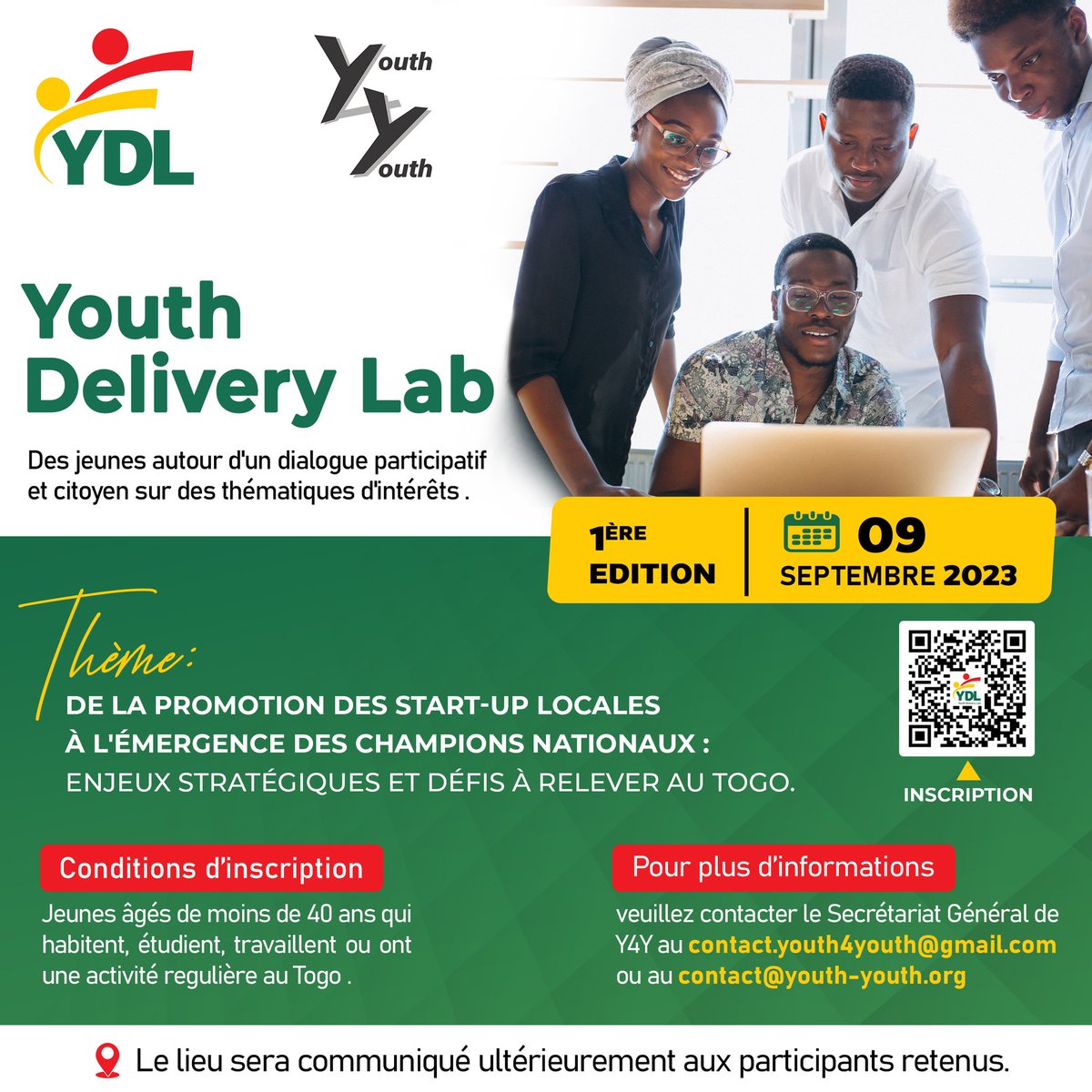Y4Y organise une "Youth Delivery Lab" autour du thème : De la promotion des start-up locales à l'émergence des champions nationaux : enjeux stratégiques pour le Togo.

Vous ête jeune et souhaitez prendre part à ce rendez-vous, enregistrez vous via :

forms.gle/LXovaWxXmtLk2h…