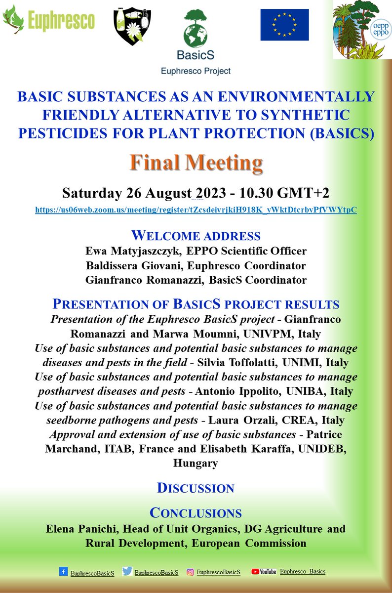 Euphresco's tweet photo. Basic substances as an environmentally friendly alternative to synthetic pesticides for plant protection @EuphrescoS project has ended. Register https://t.co/J9PnfLyicH and join the final meeting on 2023-08-26 at 10.30 am Paris time https://t.co/23fyP1EIe4