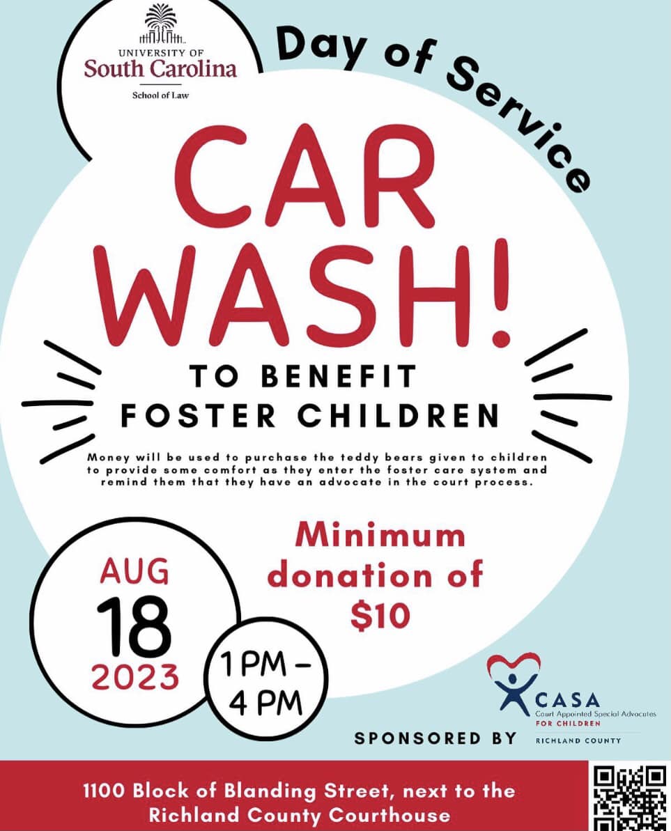 If you find yourself near the Richland County Courthouse today, feel free to swing by for a car wash. Students will be out there supporting children in our foster care system as part of the 14th annual Day of Service at @UofSCLaw!