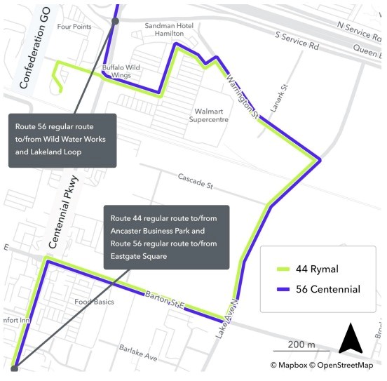 #HSRAlert: The Centennial Pkwy is closed from Barton to South Service Rd until Aug 22 at 6 pm. Route 44 RYMAL eastbound &amp; 56 CENTENNIAL northbound will detour right on Barton, left on Lake &amp; left on Warrintongton to the Walmart internal roadway to the regular route. (1/2)