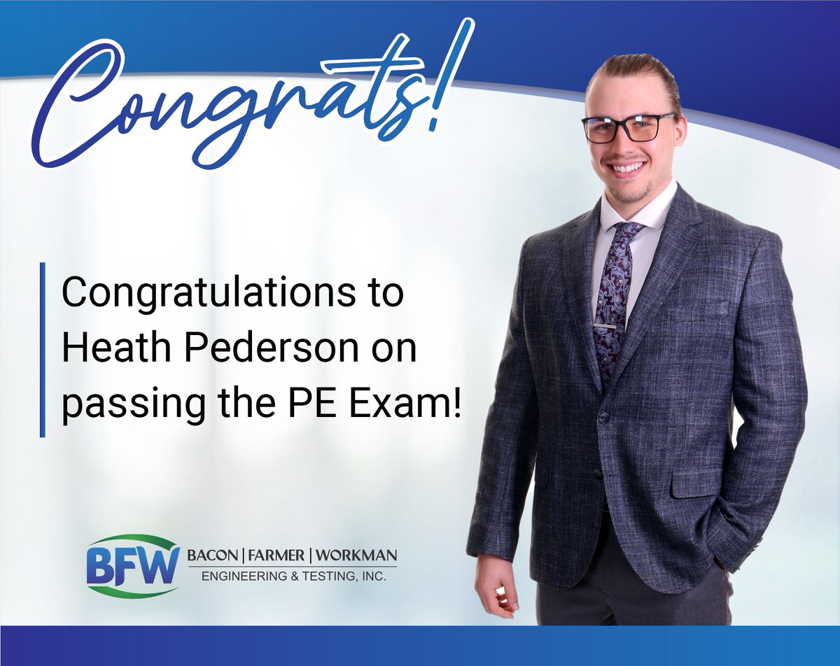 BFW_Engineering's tweet photo. Congratulations Heath!
To become a licensed Professional Engineer, engineers must complete a four-year college degree, work under a Professional Engineer for at least four years, pass two intensive competency exams and earn a license from their state's licensure board.
#PEexam https://t.co/iqNxwxq49e