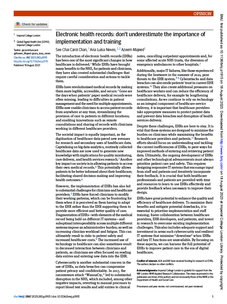 Our new article in <a href="/bmj_latest/">The BMJ</a> discusses the importance of implementation &amp; training in the use of electronic health records (EHRs) in healthcare. While EHRs have brought many benefits, they have also created substantial challenges that must be addressed. bmj.com/content/382/bm…