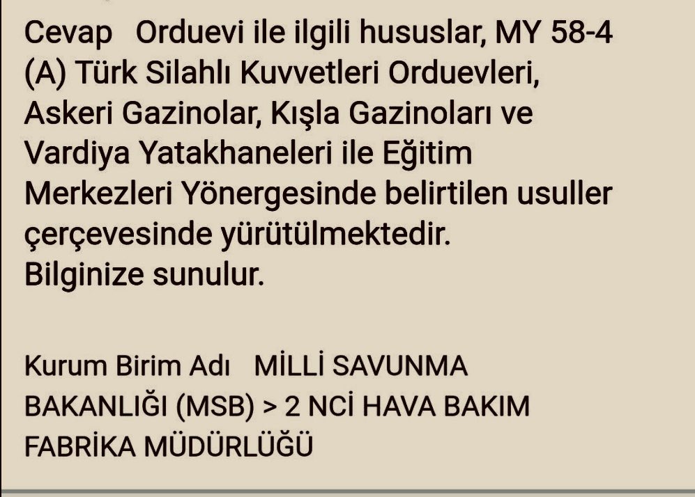 18 yıldır <a href="/TSKGnkur/">TSK</a>’a hizmet eden @Jandarma #UzmanÇavuş’tan yürek burkan mesaj geldi

Kayseri Orduevinde 1 gece kalmak istemiş, ama alınmamış

<a href="/tcsavunma/">T.C. Millî Savunma Bakanlığı</a> Bakanlığının <a href="/tc_cimer/">Cimer</a> üzerinden verdiği cevabı göndermiş bana👇

Hale bak; 

Ordunun askeri, orduevine alınmıyor

Rezalet👇