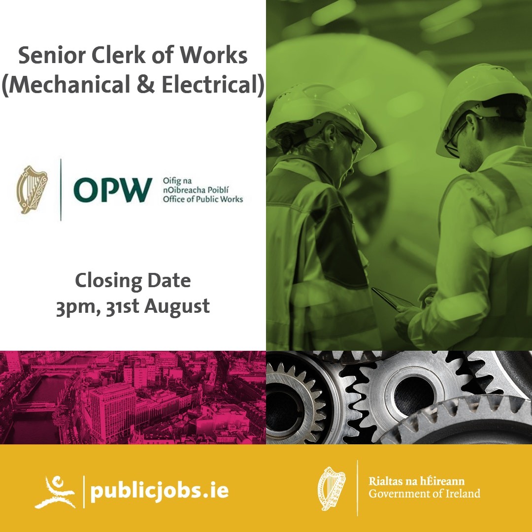 The OPW is hiring a Senior Clerk of Works Mechanical and Electrical. There are two positions, one in Dublin and the second in Cork's regional office. The successful candidate must have four years of experience working as an electrician.bit.ly/TW_Org_SCOF #CareersThatMatter