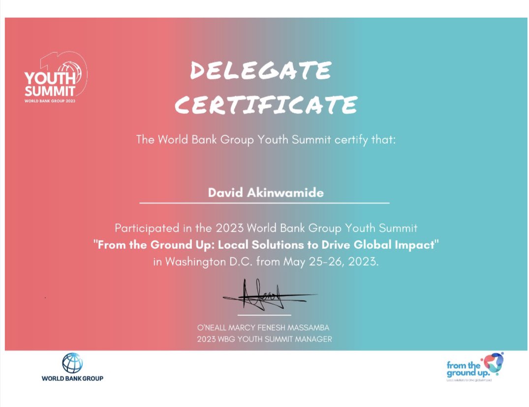 David Akinwamide (@davidakinwamid1) on Twitter photo Delighted to share my participation as #delegate in the hybrid event of 2023 <a href="/WorldBank/">World Bank</a> youth summit on the theme:
“From the Ground up: Local Solutions to Drive #Global impact”
Thanks to the organisers for making the event worthwhile.
#SDGs #leadership #WBGyouthsummit Delighted to share my participation as #delegate in the hybrid event of 2023 <a href="/WorldBank/">World Bank</a> youth summit on the theme:
“From the Ground up: Local Solutions to Drive #Global impact”
Thanks to the organisers for making the event worthwhile.
#SDGs #leadership #WBGyouthsummit