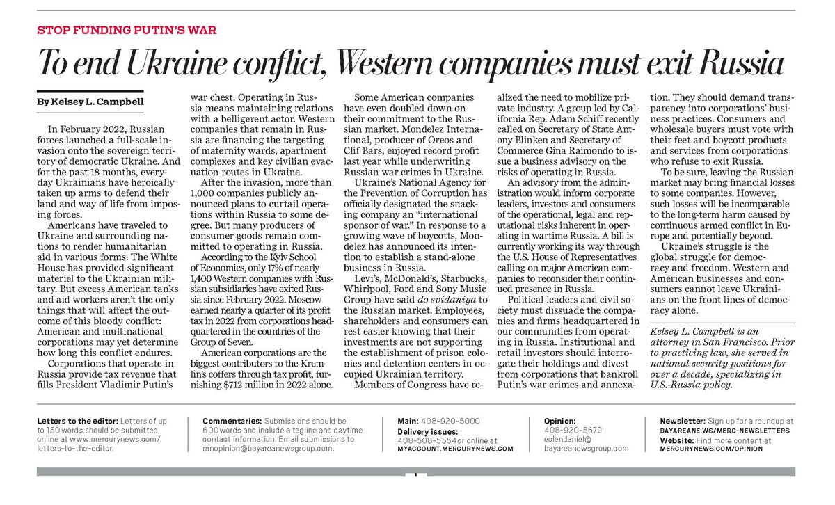 After Russia invaded Ukraine, Western companies said they would leave the Russia market. Few have followed through. These corporations are filling Putin's war coffers. Time to exit the Russian market. My latest: mercurynews.com/2023/08/18/opi…