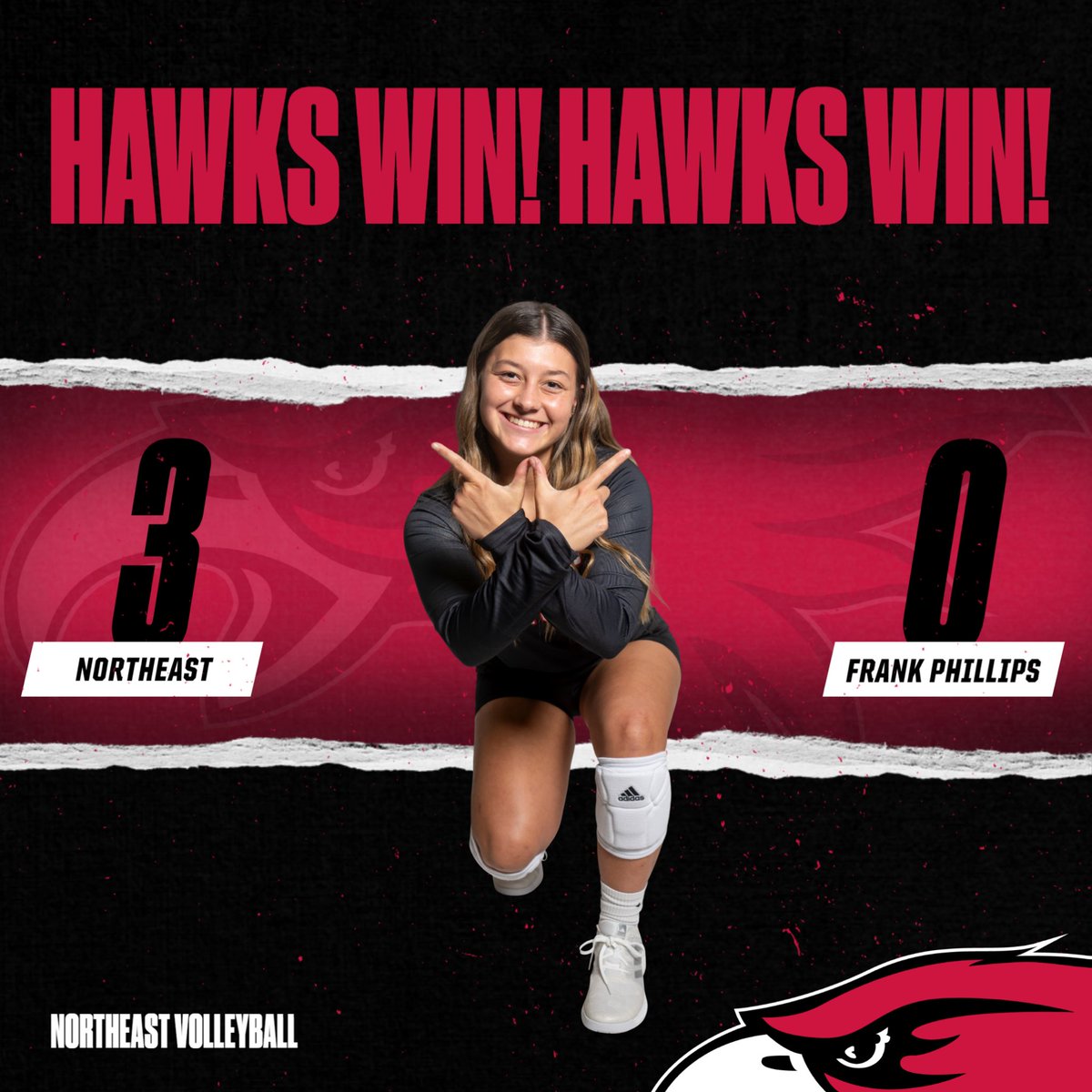 𝘏𝘢𝘸𝘬𝘴 𝘸𝘪𝘯! 𝘏𝘢𝘸𝘬𝘴 𝘸𝘪𝘯!

Northeast sweeps a highly-competitive match with Frank Phillips College to grab their first victory of the year!

#GoHawks 🔴⚪️🏐