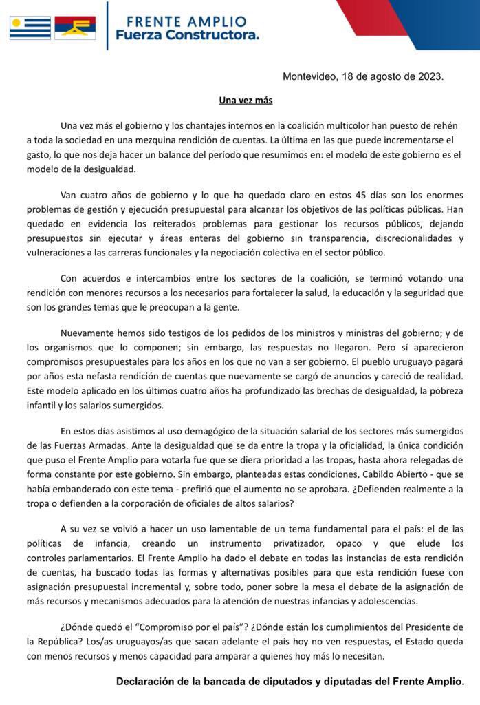 Finalizó la votación de una nueva Rendición de Cuentas en Cámara de Diputados, donde el gobierno multicolor ha puesto de rehén a toda la sociedad.

¿Dónde quedó el “Compromiso por el país”? ¿Dónde están los cumplimientos del Presidente de la República? Los/as uruguayos/as que