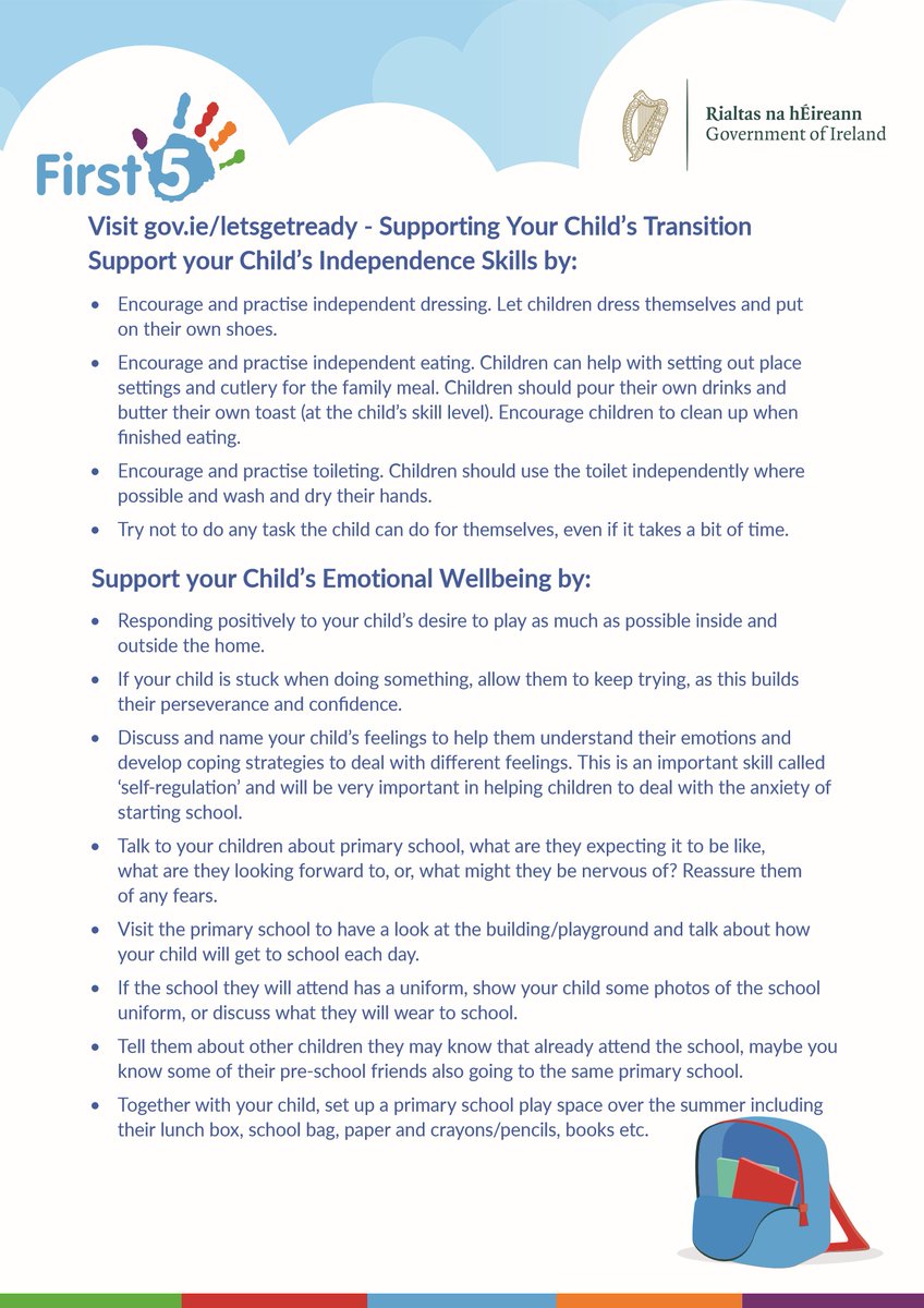 Parents ~ if you have a child starting school soon, here are some ideas to try out over the next while to help support your child.
gov.ie/pdf/?file=http…