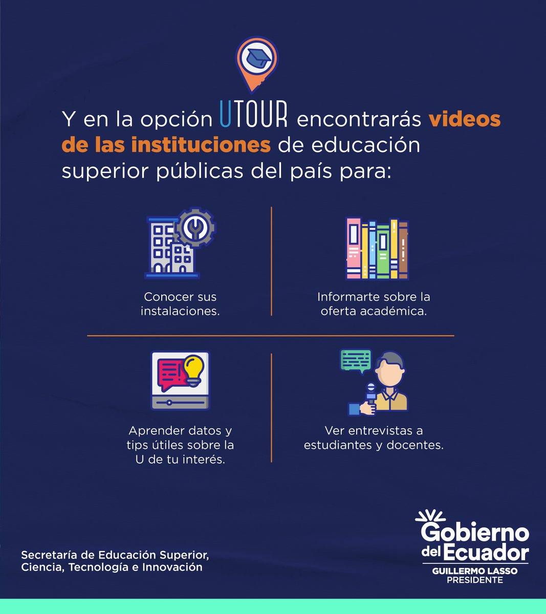 EduSuperiorEc's tweet photo. Descubre las U. públicas del 🇪🇨 a través de un tour virtual .
📹 Con #UTOUR sumérgete en videos informativos que te permitirán explorar las instalaciones, conocer la oferta académica y adquirir datos útiles de las instituciones educativas públicas.
En: https://t.co/UyUatvBVnx https://t.co/JLBwTtOaHC