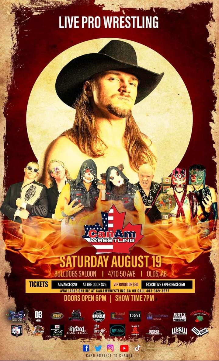 This weekend you can find me in Alberta! 

Friday Aug 18th @ Royal Canadian Legion, Innisfail AB

Saturday Aug 19th @ Bulldogs Saloon, Olds AB

<a href="/CanamWrestling/">CanAm Wrestling</a>