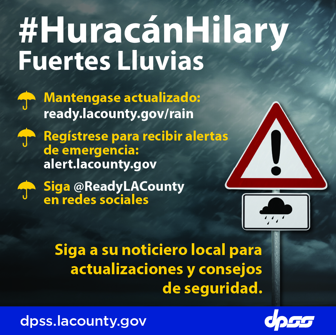 El #HuracánHilary traerá fuertes vientos y lluvia este fin de semana. Cuidado con cables eléctricos y árboles caídos e inundaciones. Siga noticieros locales y <a href="/ReadyLACounty/">Ready Los Angeles County</a> para actualizaciones. Reporte daños en pw.lacounty.gov/contact/ o llame al 800-675-HELP(4357).
 <a href="/CountyofLA/">Los Angeles County</a>