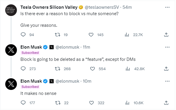 BNODesk's tweet image. Elon Musk says the ability to block people on X/Twitter will soon be removed