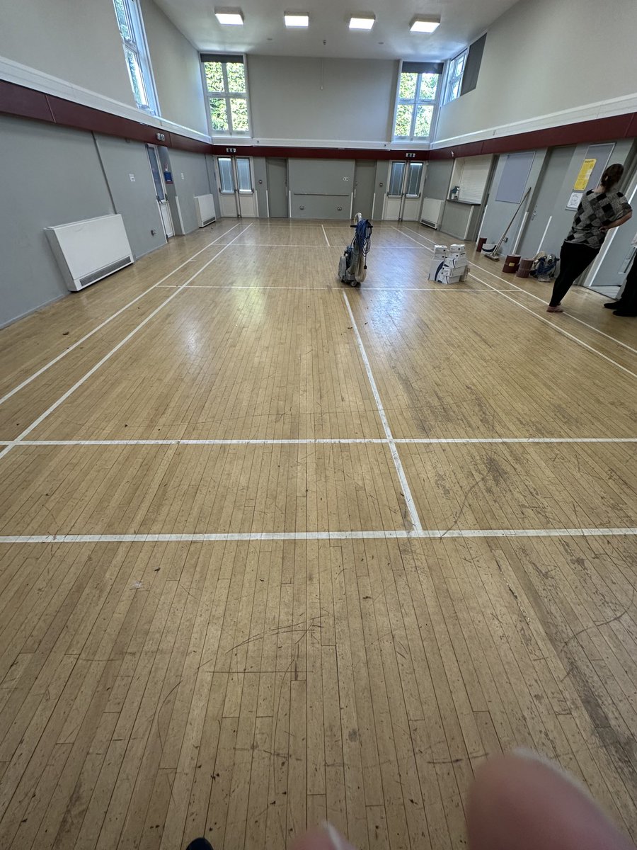 planet_flooring's tweet photo. Church hall in SW19. Sanded and finished with #loba #FusionHD Badminton markings reinstated and Spikes added to stage. https://t.co/rkPfZCSoPo