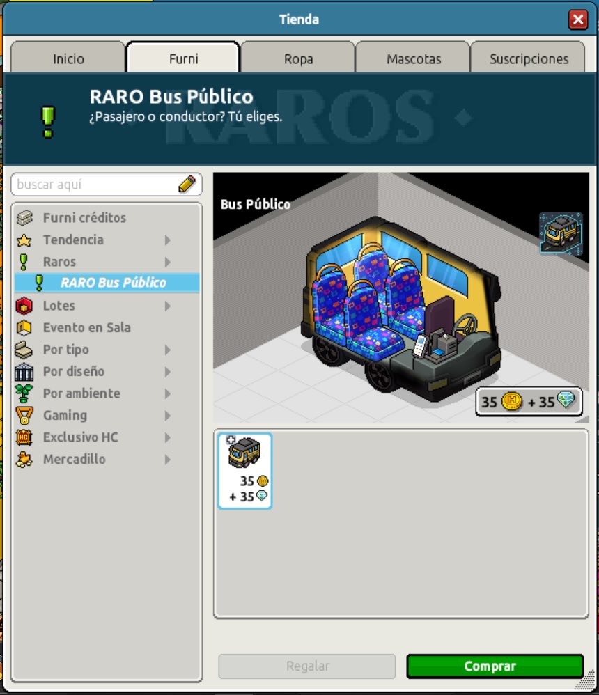 -- NUEVO RARO --
¡El nuevo Raro Bus Público ya se encuentra en venta en el catálogo de #Habbo! 🚐

Adquiérelo ahora por un precio de 35 créditos y 35 diamantes. Recuerda que por su compra recibirás una placa exclusiva. ¡Disponible por tiempo limitado! 👇