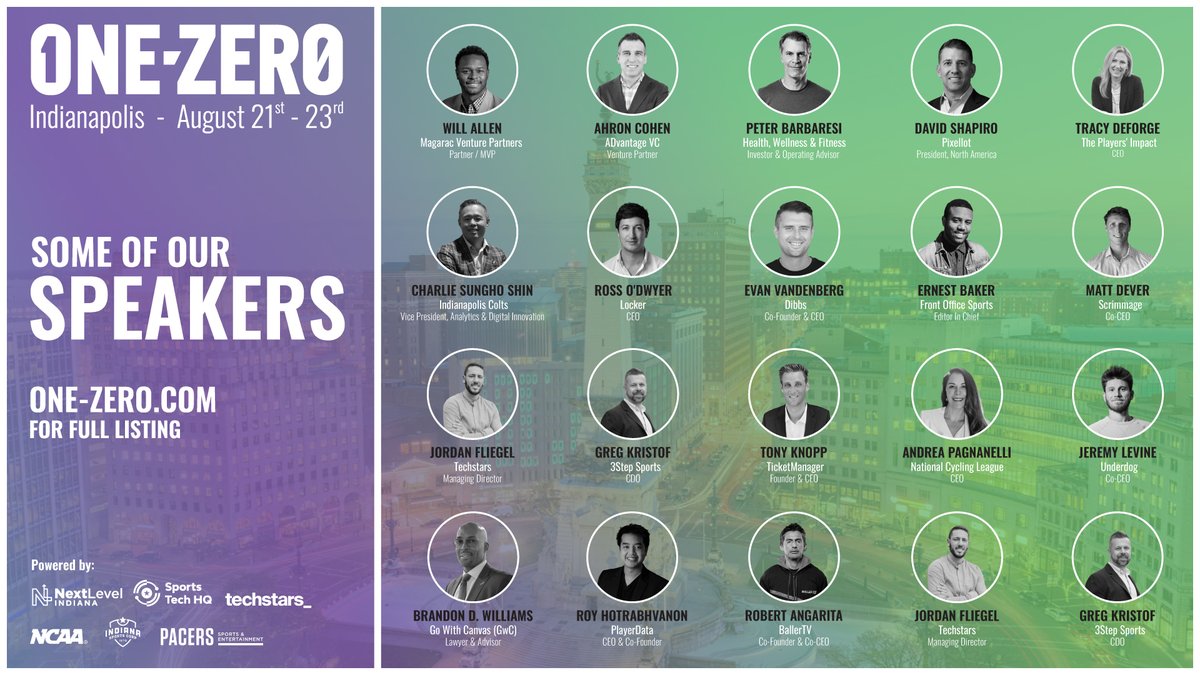 CRMinSports's tweet photo. Excited to participate at #OneZeroSummit in Indy August 21-23rd where 500+ founders, operators &amp; investors will gather for 2.5 days of networking and panels at NCAA's HQ. #TechStars #Innovation https://t.co/FmGFjlUWQM