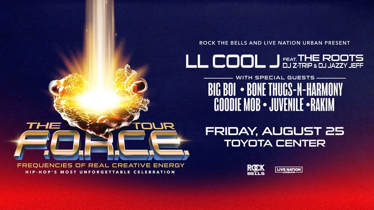 We're 1️⃣ week away from LL COOL J: The F.O.R.C.E. Live! Catch @llcoolj, @theroots, @djjazzyjeff215, @ztrip, @BigBoi, Bone Thugs-N-Harmony, Goodie Mob, Juvenile And Rakim at Toyota Center on August 25th! Get your tickets now: bit.ly/45sOSRp