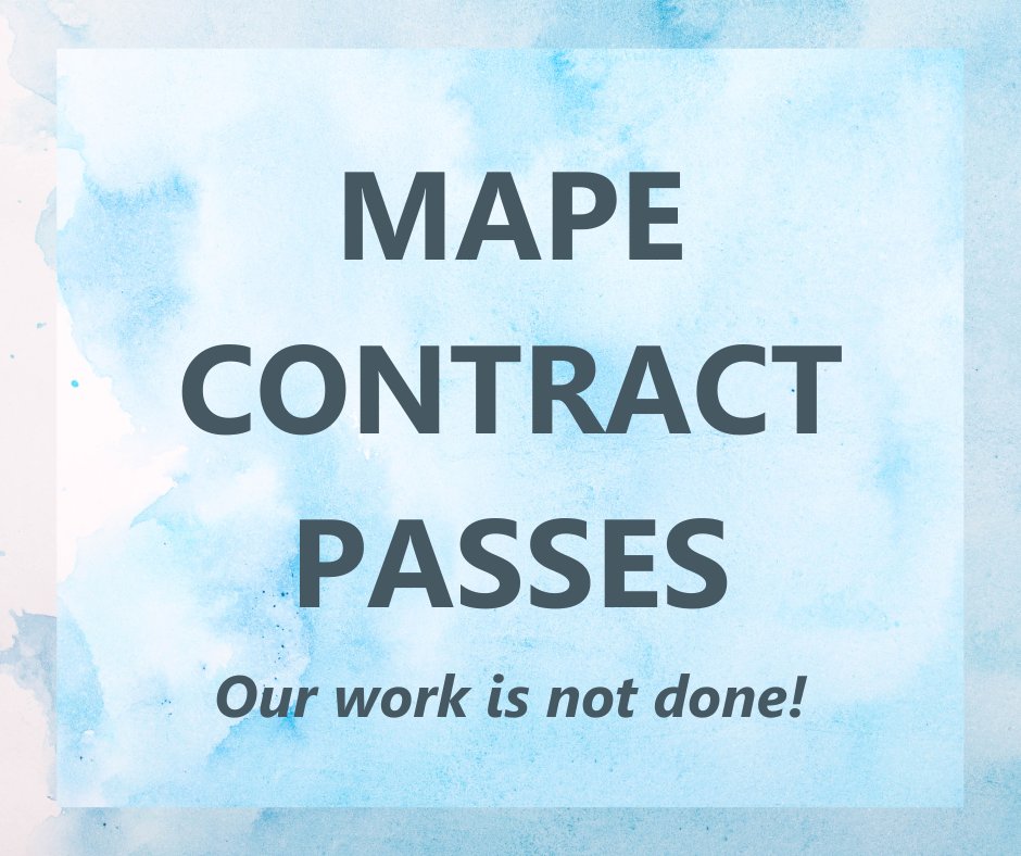 Our fellow MAPE members have passed the contract. We achieved 5.5%/4.5% wage increases, the highest our union has secured in 40 years. But our fight for fair wages does not end with this contract. We will continue to advocate for what our hard-working members truly deserve.