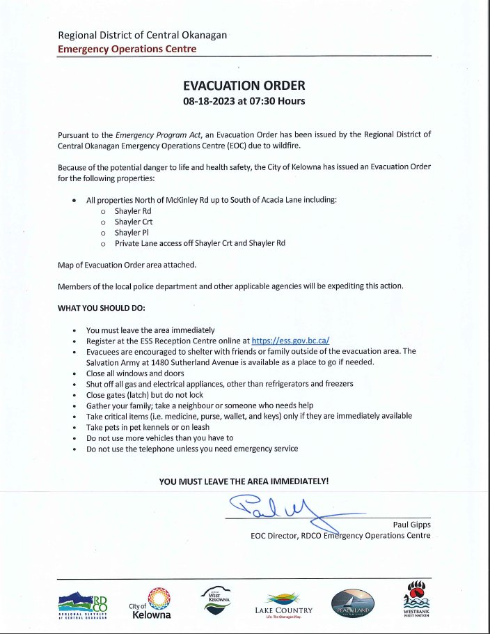 #Evacuation Order issued by the City of #Kelowna for all properties north of McKinley Rd up to South of Acacia Lane. More info and map (PDF): emergencyinfobc.gov.bc.ca/app/uploads/si… Anyone in the affected area must the area immediately. #BCwildfire @CO_Emerg