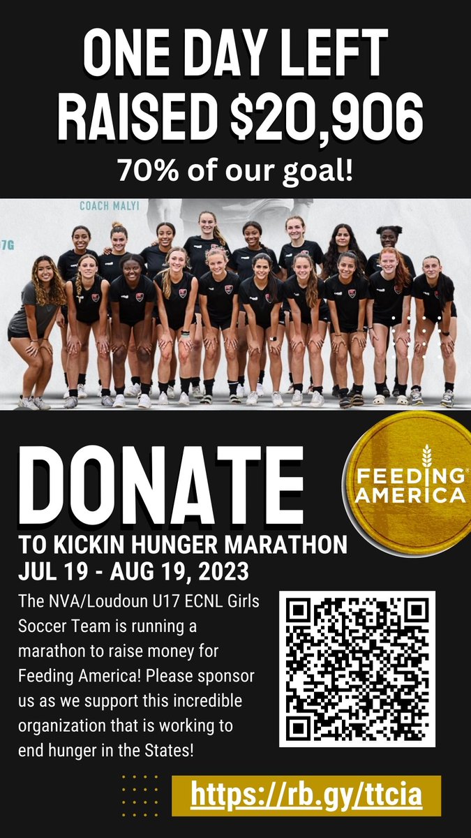 Last day of our charity marathon, Kickin Hunger, to support <a href="/FeedingAmerica/">Feeding America</a> ! We've raised more than $20K this year (‼️) but are a little short of our goal. Please consider making a donation! <a href="/AllianceECNL07/">Northern Virginia Alliance ECNL 2007</a> 
Donate at: teamfeed.feedingamerica.org/index.cfm?fuse….